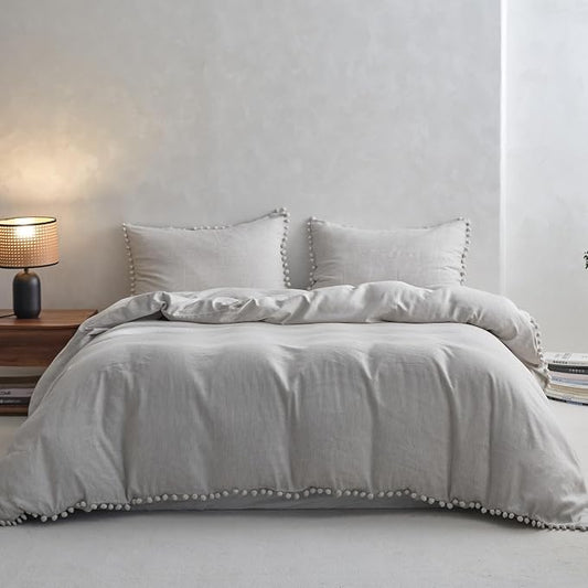 Simple&Opulence French Linen Blended Duvet Cover King, Flax Viscose Derived from Bamboo Bedding Set with Pom Pom Trim Soft Cooling for Hot Sleepers, 1 Boho Comforter Cover and 2 Pillow Shams, Linen