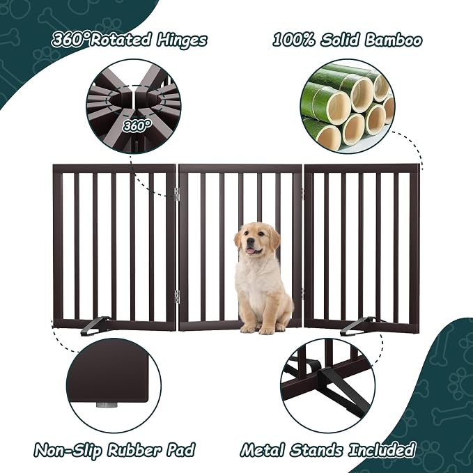 Semiocthome Bamboo Dog Gates Indoor 3-Panel Freestanding Puppy Gates for The House with 2 Metal Stands 24" H Folding Wood Pet Gate for Stairs Doorway Expands Up to 55" Fully Assembled Espresso