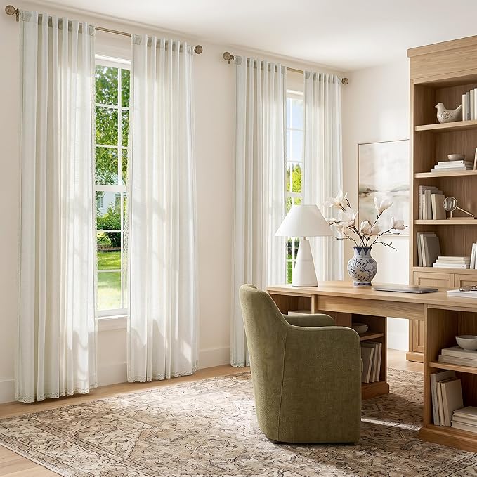 jinchan Linen Curtains for Living Room Bedroom Light Filtering Semi Sheer Curtains Boho Farmhouse French Country Cottage Core Decor Window Drapes Back Tab 90 Inch Length Laced Beige