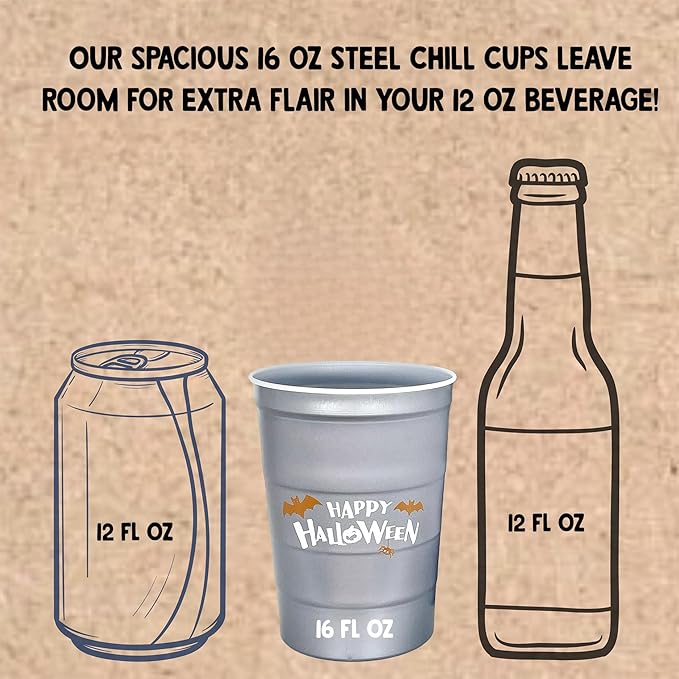 Steel Chill Cups 16 oz. Party Cups 'Happy Halloween' Ghost Design for Cold Drinks, Durable, Disposable, Recyclable, Made in USA, Gray, 12 Count