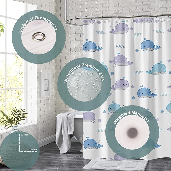 Plastic Shower Curtain Liner, Premium EVA 5G Little Whale Shower Curtain, Shower Curtains for Bathroom with 3 Magnetic Weights and Rustproof Grommets (Little Whale, 72x72 in)