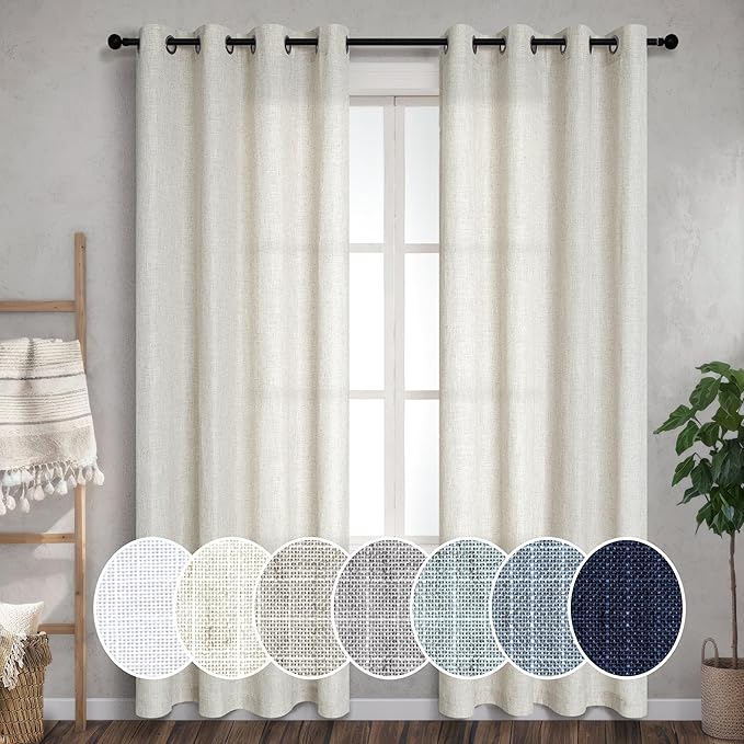 Linen Curtains & Drapes for Living Room 84 Inch Length 2 Panels Set Natural Flax Light Filtering Burlap Farmhouse Textured Neutral Country Rustic Window Semi Sheer Patio Door Curtain for Sliding Glass