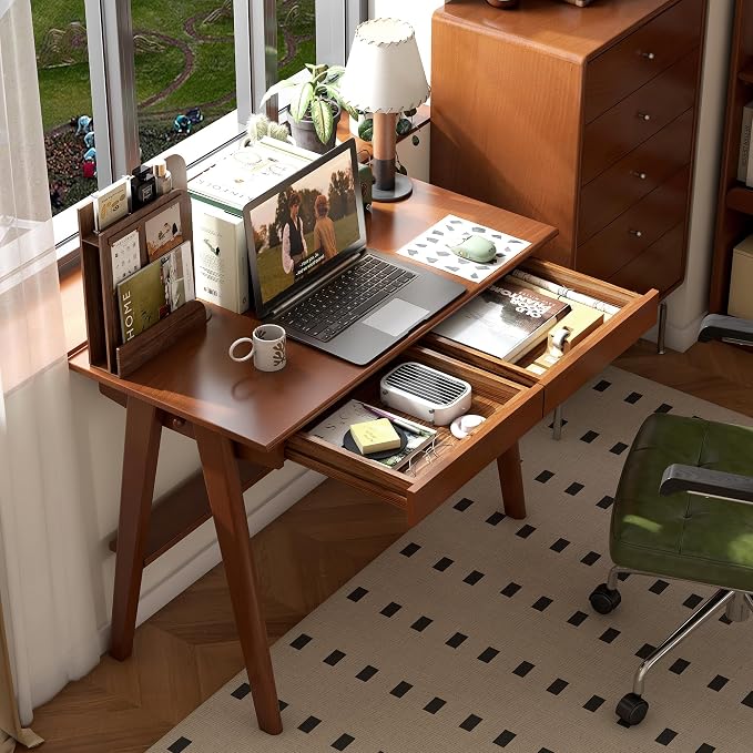 YESWOOD 100% Solid Rubber Wood Desk, Mid Century Modern Writing Computer Desk in Walnut Finish with Drawer for Home Office, Sturdy Room, Bedroom 39.37" W Teak