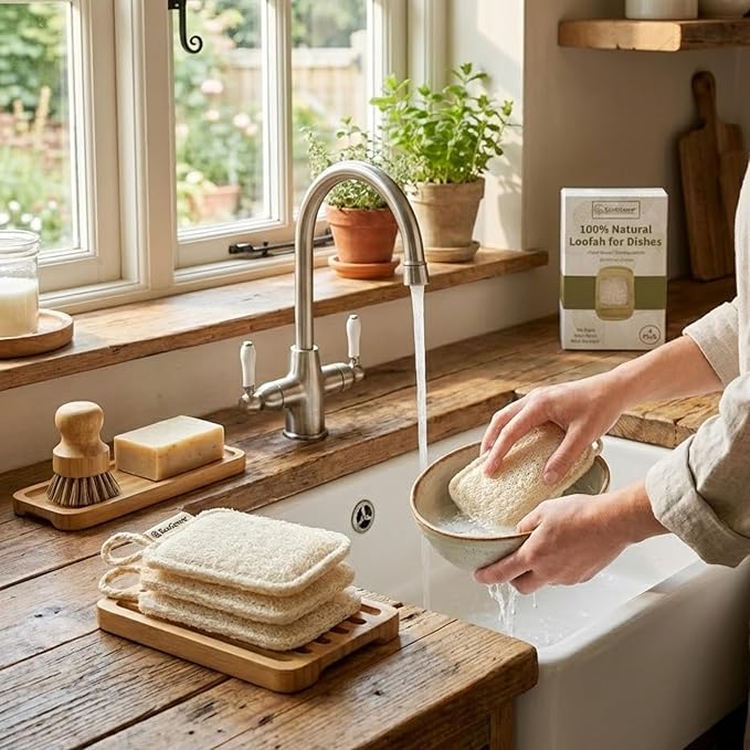 Natural Loofah Dish Sponges 4 Pack – 100% Plant-Based Luffa Scrubber for Dishes, Pots & Nonstick Pans – Compostable, Non-Scratch Kitchen Sponge for Sink, Tile & Everyday Cleaning