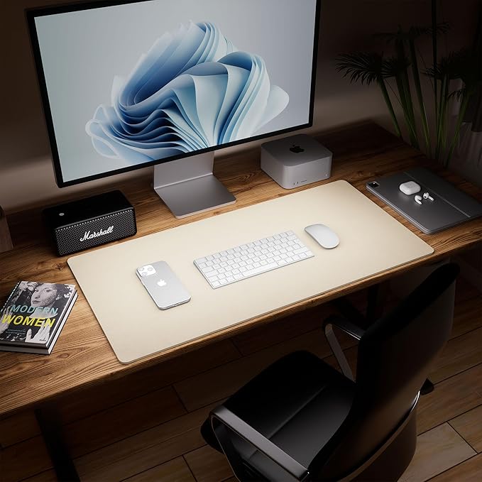 Aothia Dual-Sided Desk Mat - Natural Cork & Leather Desk Protector, Large Mouse Pad, Waterproof Blotter, Writing Pad for Office/Home, Beige (25.6"x13.7")