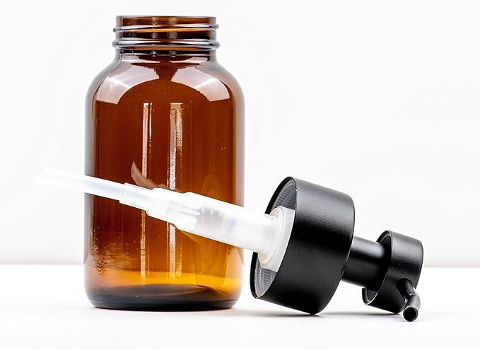 8.5 oz Amber Glass Bottles with Lotion Pump Dispensers (2-Pack) - Non-Foaming Pumps, Refillable Lotion, Liquid Soap, Lotion. Oils, Black Stainless Steel Pumps