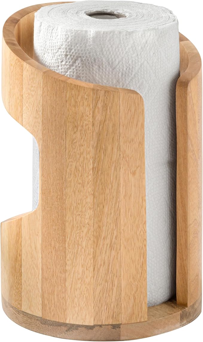 Anji Mountain Wooden Paper Towel Holder Countertop with Mango Wood Round Base and Iron Holder, Holder Stand for Kitchen Roll Organizer & Kitchen Dining Table Home Decor - Mango/Gold, Arc Hold