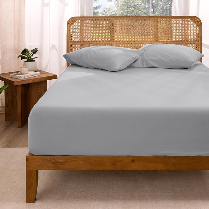 Bare Home 100% Organic Cotton Jersey Fitted Sheet - Twin XL Size - Ultra Soft - Deep Pocket Fitted Sheet - 100% Cotton - Ring Spun Yarns (Twin XL, Light Grey)