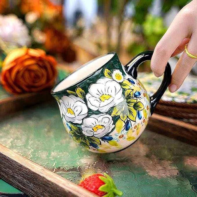 13oz Ceramic Coffee Mug, Hand-Painted Floral Polish Pottery Style Cup, Large Stoneware Tea Mug with Handle, Microwave & Dishwasher Safe (Green)