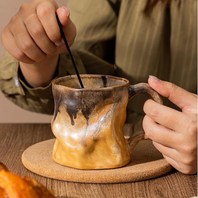 Handmade Ceramic Coffee Mugs, Mugs with Spoon, 11oz, Handmade Pottery Mug with Handle, Hand-painting, Unique Uneven Surface Tea cups, Dishwasher and Microwave Safe (Yellow)