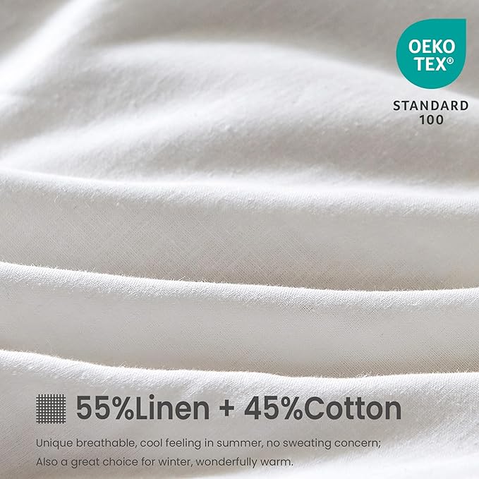FALUCA French Linen Blend Duvet Cover Set 3Pcs King (104"x92") - Soft, Breathable, Cooling Farmhouse Bedding for Summer Hot Sleeper (King, White)