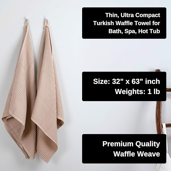 PÜSKÜL Pack of 2 Waffle Bath & Spa Towels - Premium 100% Turkish Organic Cotton - Quick Dry Thin Bath Towel for Bathroom - Made in Turkey (Beige, 32x63 inch)