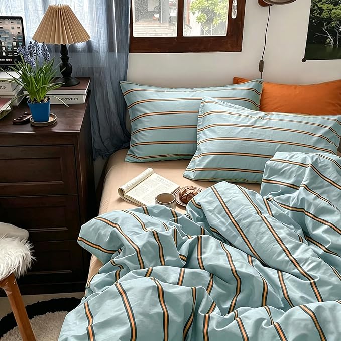 mixinni Retro Mint Blue Striped Duvet Cover Set - 100% Natural Cotton 3-Piece Vintage Stripes Pattern Printed Bedding Set, Soft Breathable Comforter Cover with Zipper Closure & Corner Ties, Queen Size