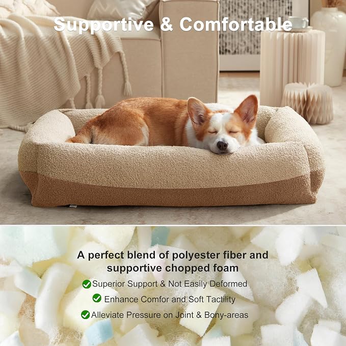 FURTIME Washable Dog Bed Medium Size Dogs, Rectangle Comfy Fluffy Small Dog Bed, Removable Zipper Cover Machine Wash, Orthopedic Bed Durable Pet Cuddler with Anti-Slip Bottom, 25x21x7 in, Beige