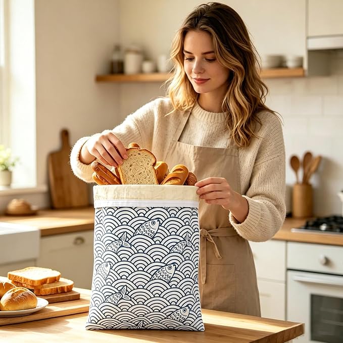 Reusable Beeswax Bread Bags - Cotton Bread Storage | 2 Pack Freshness Bags | Natural Beeswax Lining, Washable Reusable Design, Large Capacity Storage, Secure Closure, for Homemade Sourdough &