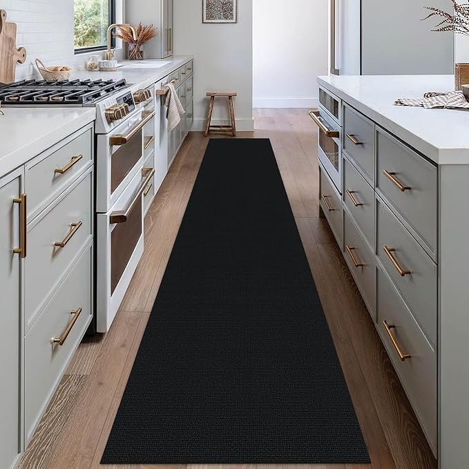 EARTHALL Washable Runner Rug 2x12 Ft Non Slip Runners for Hallways Long Cotton Rubber Backed Kitchen Runner Braided Indoor Floor Carpet Runners for Entryway, Hall, Kitchen, Black/Grey