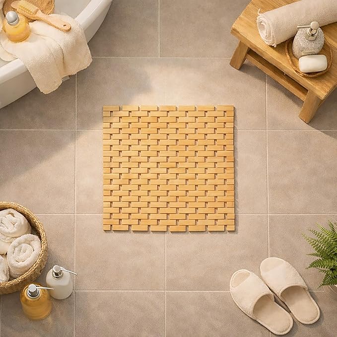 EVIDECO French Home Goods Square Natural Bamboo Bathroom Mat - Non Slip Bath Mat - Perfect for Shower, Spa, Sauna and Bathroom Decor - Foldable Duckboard, 18 x 18 inches, Light Brown