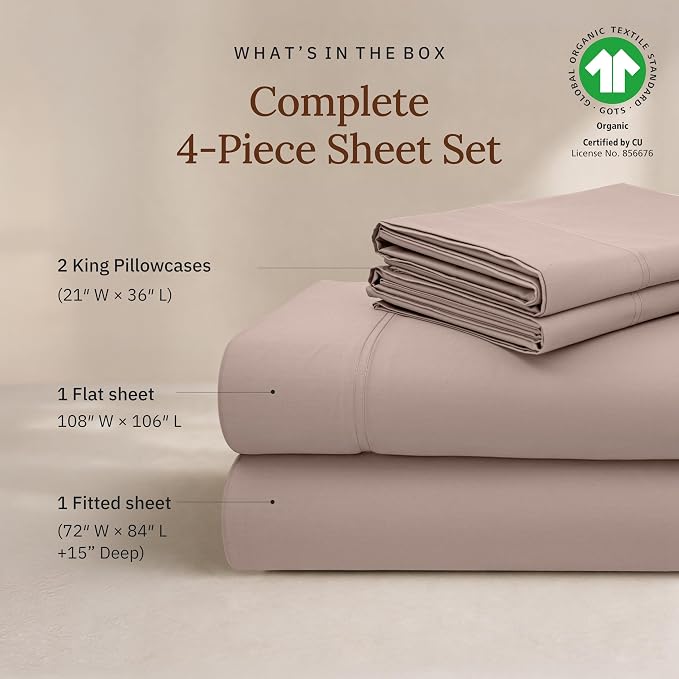 California Design Den Cal King Sheets Set - 100% Organic Cotton Bedsheets, Soft and Lightweight Sateen, Deep Pockets, Durable Bedding - Dusty Rose