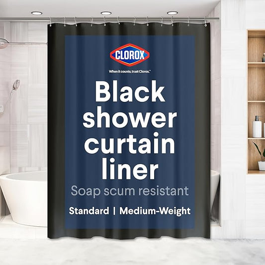 Clorox Shower Curtain Liner, Premium Medium Weight Flexible Waterproof 6g PEVA for Bathroom with Weighted Magnets, Standard Size 72" x 72", Black 1 Pack