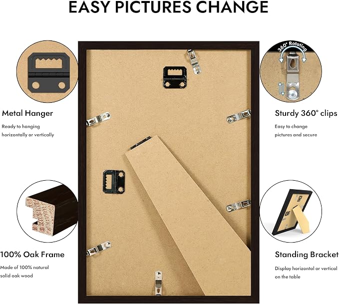 Hongkee 8x12 Oak Wood Picture Frame 1 Pack(Matted 6x9), Real Glass Cover | Black, 8 x 12 Solid Wood Frame for Wall or Tabletop Display - Includes Easel Back, Vertical Hang - Ideal for Home, Office