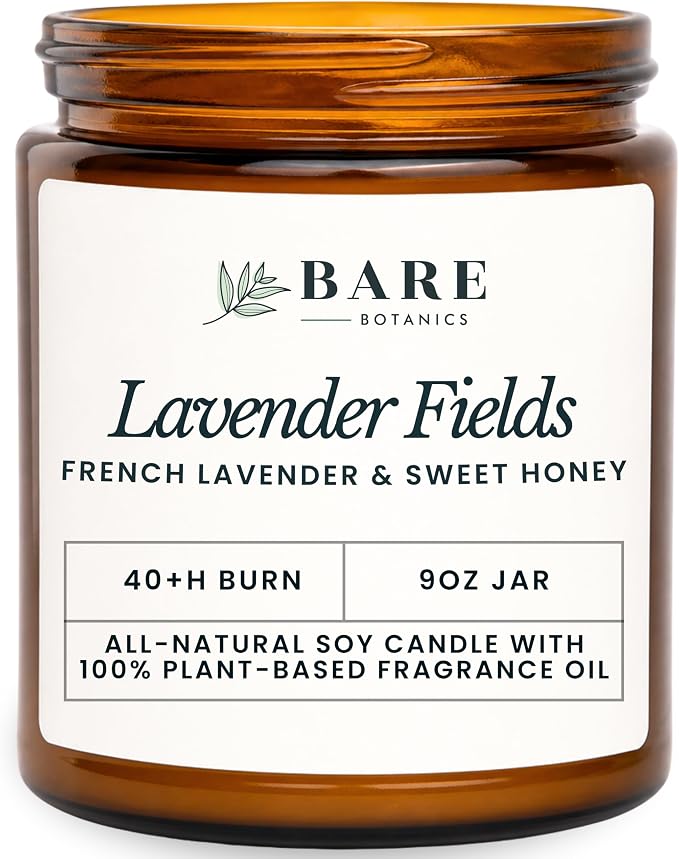 Bare Botanics 9oz Non Toxic Soy Candle Lavender Fields - 40+ Hour Burn | 100% Plant-Based Fragrance Oils | Handpoured in Wisconsin | Clean-Burning Soy Wax