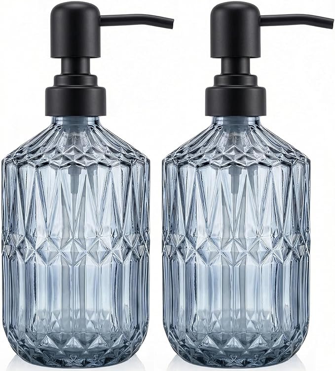 2-Pack Blue Glass Soap Dispenser with Black Rust Proof Pump, Elegant Bathroom Soap Dispenser, Vintage Kitchen Countertop Soap Dispenser for Hand Soap, Dish Soap, Lotion, Body Wash (14 OZ)