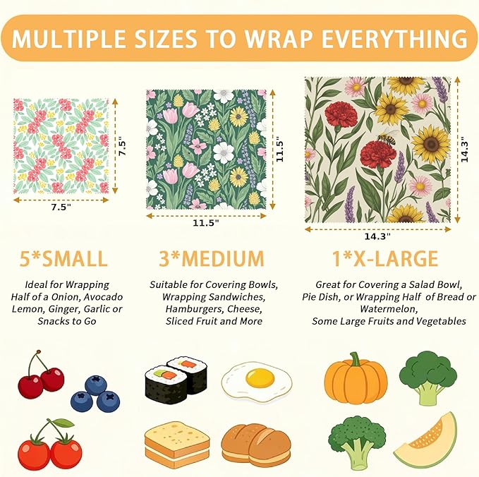 Reusable Beeswax Wraps, 9 Pack Eco-Friendly Food Storage, Organic, Sustainable, Zero Waste, Plastic-Free, Sandwich, Bowl, Bread, Fruit, 1XL, 3M, 5S, Mixed Garden Flowers Pattern