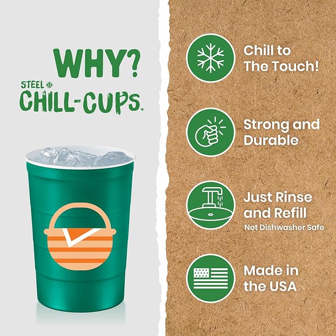 Steel Chill Cups 16 oz. Party Cup Summer BBQ Grill Picnic Design for Cold Drinks, Sturdy, Durable, Disposable, Recyclable, Made in USA, Green 12 Count