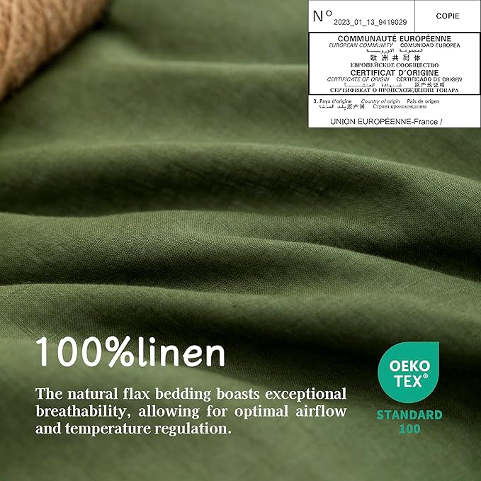 EVERLY 100% Linen Pillowcases Set of 2, French Linen from Normandy, 20X26Inch Standard Size, Natural Color, Coconut Buttons Closure, Flax Pillowshams-Pillowcase-Mossy Green