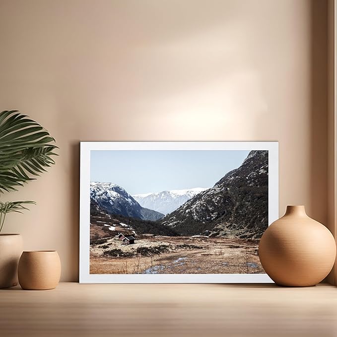 Monem Art Scandinavian Mountain Cabin Landscape Photography Print - Nordic Nature Scenic Art Poster - Wall Decor for Living Room, Bedroom or Office - 16x20 White Framed Wall Art by Mareike Bohmer