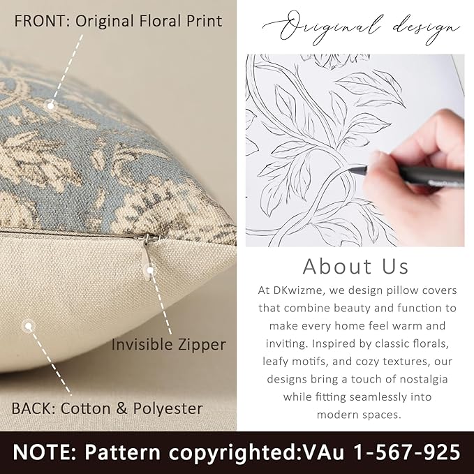Vintage Floral Print Throw Pillow Covers 16x16 Set of 2 Neutral Modern Farmhouse Pillowcases Accent Decorative Cushion Covers Boho Home Decor for Couch Sofa Chair Bed Living Room, Sky Blue