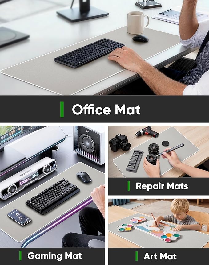ALOANES Beige Waterproof Desk Mat, Large, with Extended Mouse Mat, Office Desk Protector with Anti-Slip Base, Stitched Edge, Grain Jacquard Surface, Perfect for Gamer, Home, XL,11.81"x27.56"x0.12'