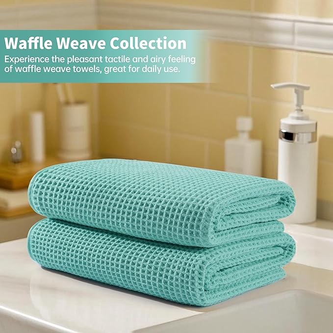 MICROFI Microfiber Waffle Bath Towels, 4 Pieces, Soft, Absorbent, Fast Drying, Lint Free 430 GSM (Turquoise)