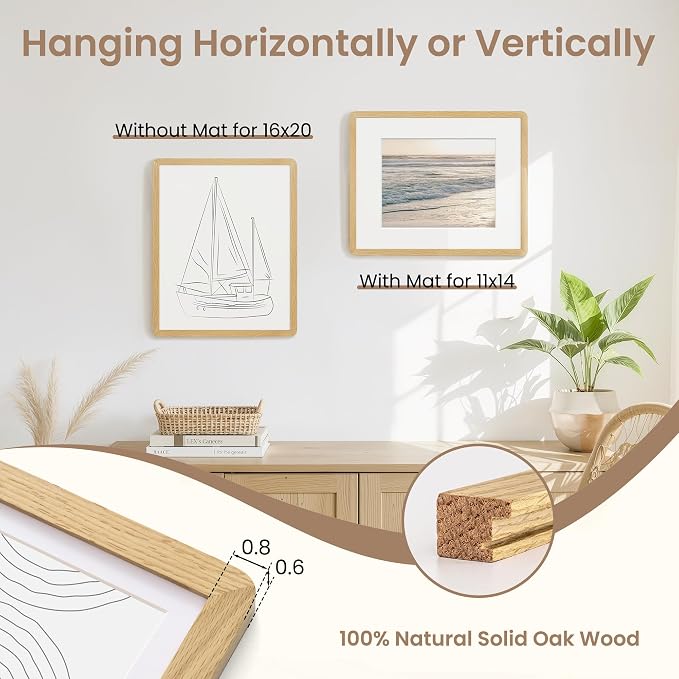 Fun Memories 16x20 Picture Frame - Solid Oak Wood Poster Frame, Handcrafted Rounded Corner 16 x 20 Wooden Frames Matted to 11x14 Photos, Horizontal or Vertical Wall Mounting, Natural Oak