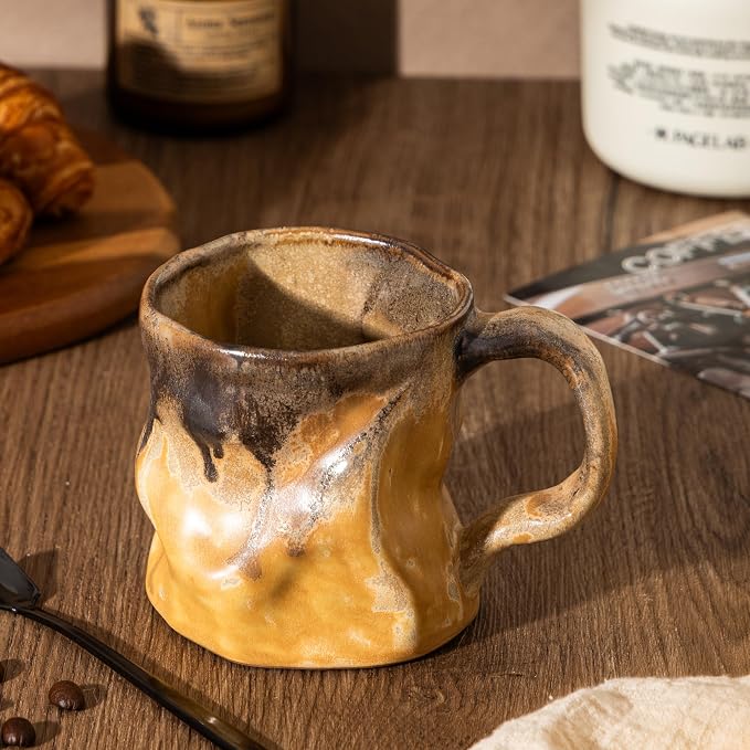 Handmade Ceramic Coffee Mugs, Mugs with Spoon, 11oz, Handmade Pottery Mug with Handle, Hand-painting, Unique Uneven Surface Tea cups, Dishwasher and Microwave Safe (Yellow)