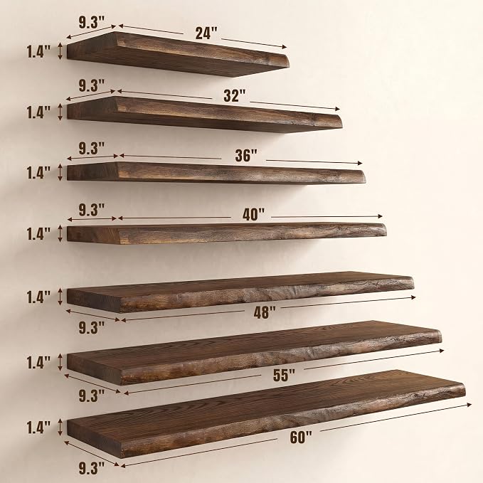 32" Live Edge Floating Shelves, Solid Elm Wood Shelf, Set of 2 | 1.4"Extra Thick, 9.3" Deep Heavy Duty Storage, Vintage Finish for Kitchen & Living Room