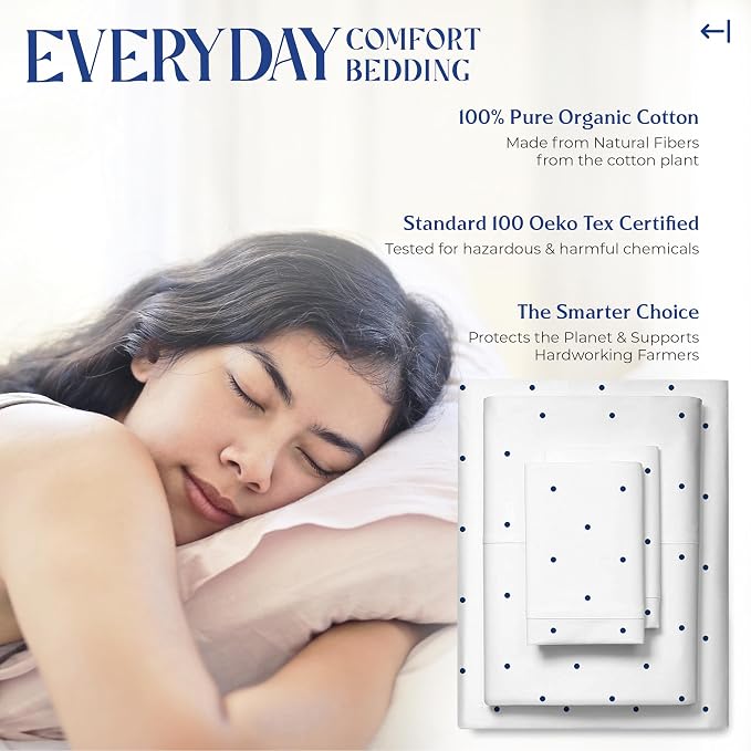 Mayfair Linen 100% Organic Cotton Printed Sheets California King Size - Percale Cotton Cal King Size Sheet Set (4 PC, Navy Polka Dot), Soft & Crisp, GOTS Certified, Cooling Sheets, 16" Deep Pocket