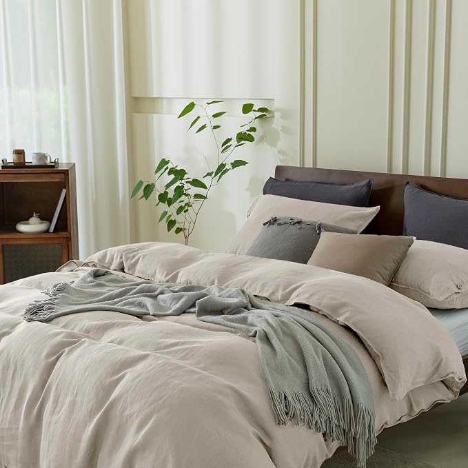 EVERLY 100% Pure Linen Duvet Cover Set King Size 104x90 Inch 3 Pieces (1 Duvet Cover, 2 Pillowcases) Soft and Breathable for All Season with Coconut Button Closure, Suitable for Hot Sleepers