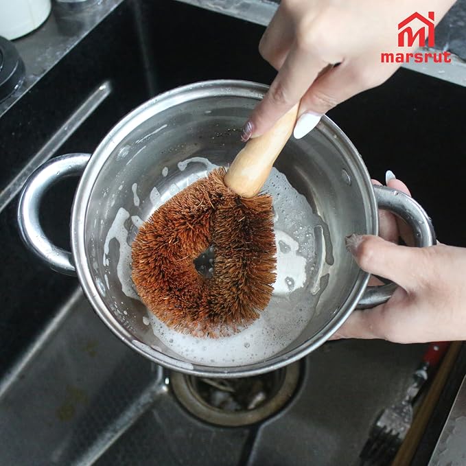 2pcs Coconut Fiber Bottle Brush, Bottle Cleaner Dish Scrubber, Eco Friendly Natural Wooden Cleaning Scrub Bristle Head for Deep Pan Kitchen Dishes Vegetable Washing, Sturdy Handle Holder, Dark Brown