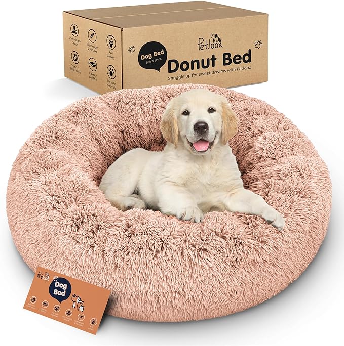 Petloox Donut Dog Bed - Premium Comfort for Anxiety Relief - Fluffy & Calming Design with Ultra-Plush Support | Cozy Round Dog Bed with Super Soft Circle Style (Pink, Small)