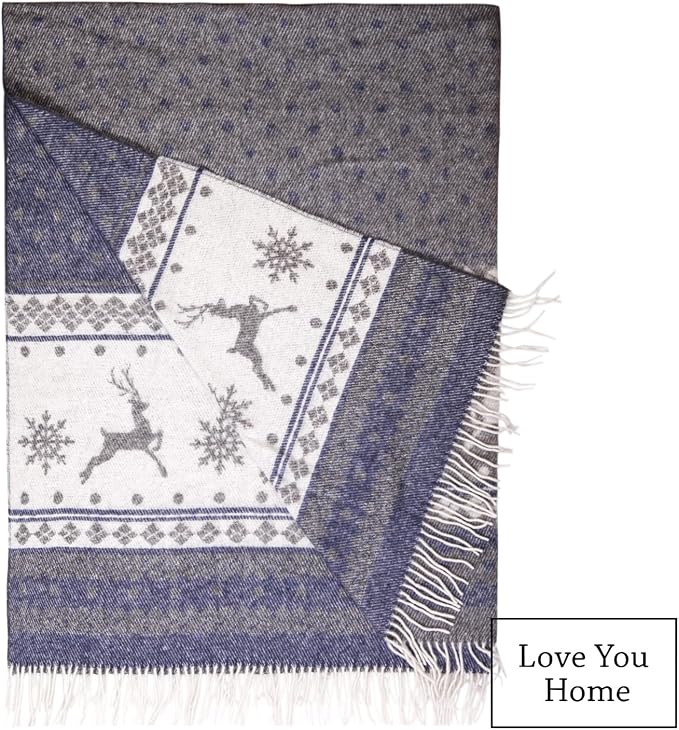 LYHome Merino Wool Blanket - Warm Throw for Cold Weather, Warmest Travel Outdoor Camping Blankets, Picnic Army and Military Throws, Comforter Soft & Cozy (55" x 79" Navy Blue with White Raindeers)