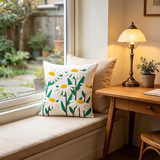 Embroidered Throw Pillow Cover 18x18 Inch,Cotton Canvas Floral Pillow Case, Daisy Wildflower Leaf Boho Farmhouse Decorative Cushion Square for Sofa Bedroom Living Room Outdoor Couch Farmhouse (A009)