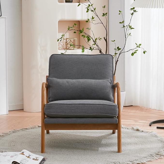 Karl home Mid-Century Modern Accent Reading Chair, Grey | Linen Upholstered, Solid Wood Frame, Soft Cushion, Lumbar Pillow, Lounge Armchair for Living Room, Bedroom, Balcony, Study