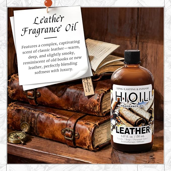 HIQILI Leather Fragrance Oil, Men's Scent for Car Air Freshener - 150ML | Suitable for Soap, Candle, Perfume Making, Long-Lasting Leather Scent, Pet Safe, Graduated Dropper Included