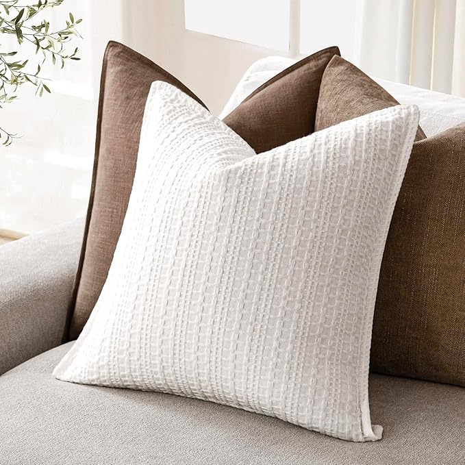 Foindtower Set of 2 Decorative Cotton Waffle Weave Throw Pillow Covers Euro Shams Cushion Covers Accent European Pillowcase for Bed Couch Sofa Bedroom Living Room Home Decor 24×24 Inch Cream White