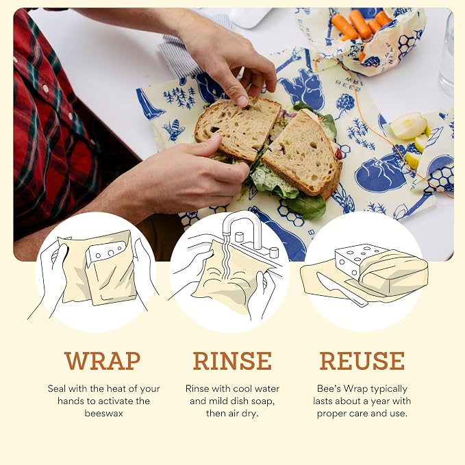 Bee's Wrap Discovery Trio - Beeswax Food Wraps Bundle Includes 1 Bakey Lane Bread Wrap, 1 Bees & Bears Bread Wrap, & 5 Assorted Prints - Made in the USA Beeswax Reusable Wraps for Food