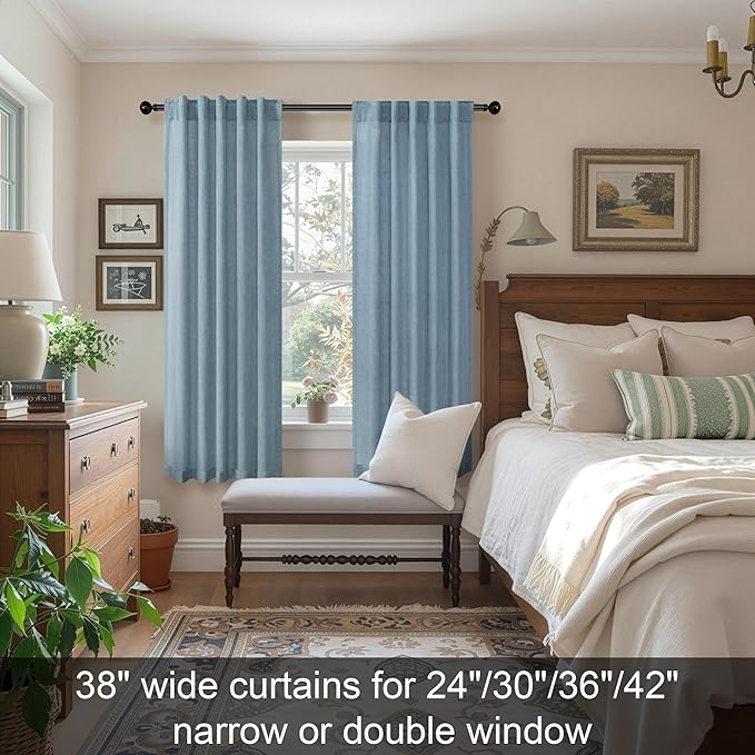Blue Curtains 38 Inch Width for Kitchen Door 2 Panels Back Tab Rod Pocket Semi Sheer Linen Skinny Light Blue Small Curtain for Bedroom Laundry Bathroom Side Windows Country Farmhouse Wide 38x63 Length