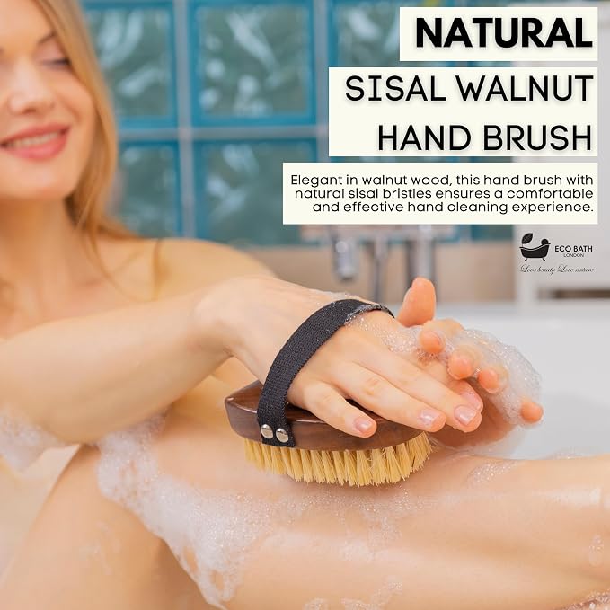 Eco Bath London Natural Sisal Walnut Hand Brush - Luxury Body Brush for Dry Brushing and Exfoliation, Durable Walnut Wood and Sisal Brush for Remove Dead Skin Toxins Cellulite