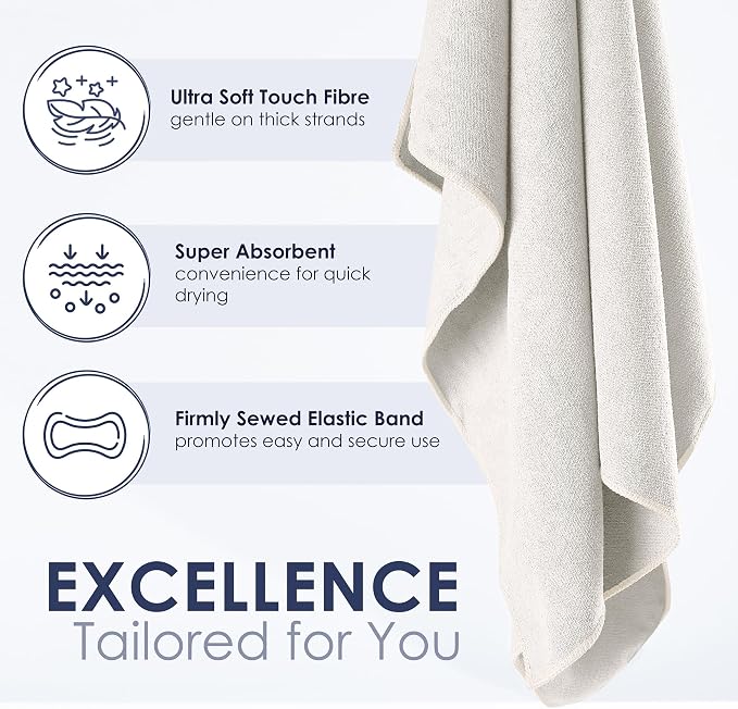 SimpleField Large Microfiber Hair Towel Wrap (27x40 Inches) for Women, Anti-Frizz Flat Rectangle Drying Towel with Full Hair Coverage Design, Elastic Band for Long, Curly and Thick Hair (Beige)