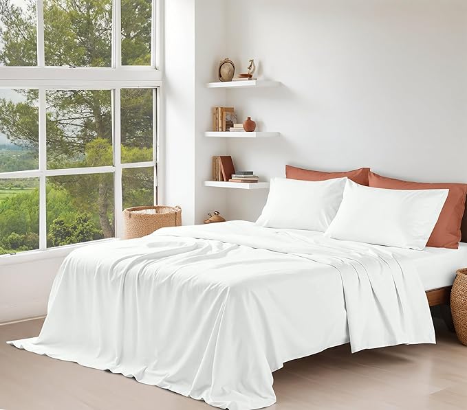 RUVANTI 100% Cotton Organic Percale Sheets Twin XL Size – Crisp Cooling Bed Sheets for Hot Sleepers, Deep Pocket 15”, Soft Peach Finish, Breathable & Durable Hotel-Style 3 Pcs, Bit of Blue